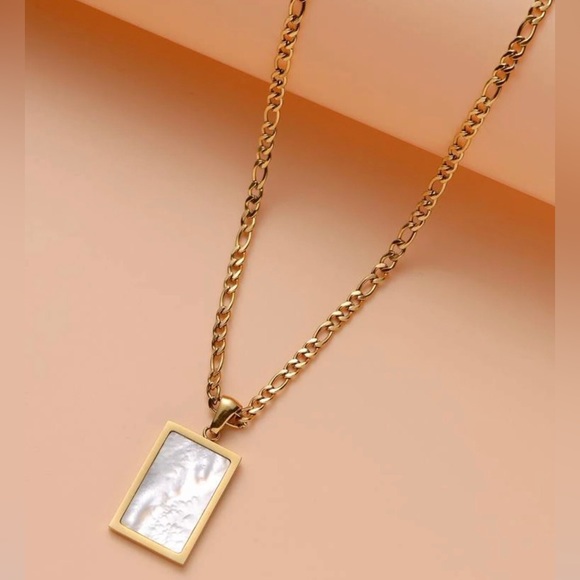 Mother Pearl Rectangle Iridescent Shell Gold Stainless Steel Geometric Necklace - Picture 7 of 17